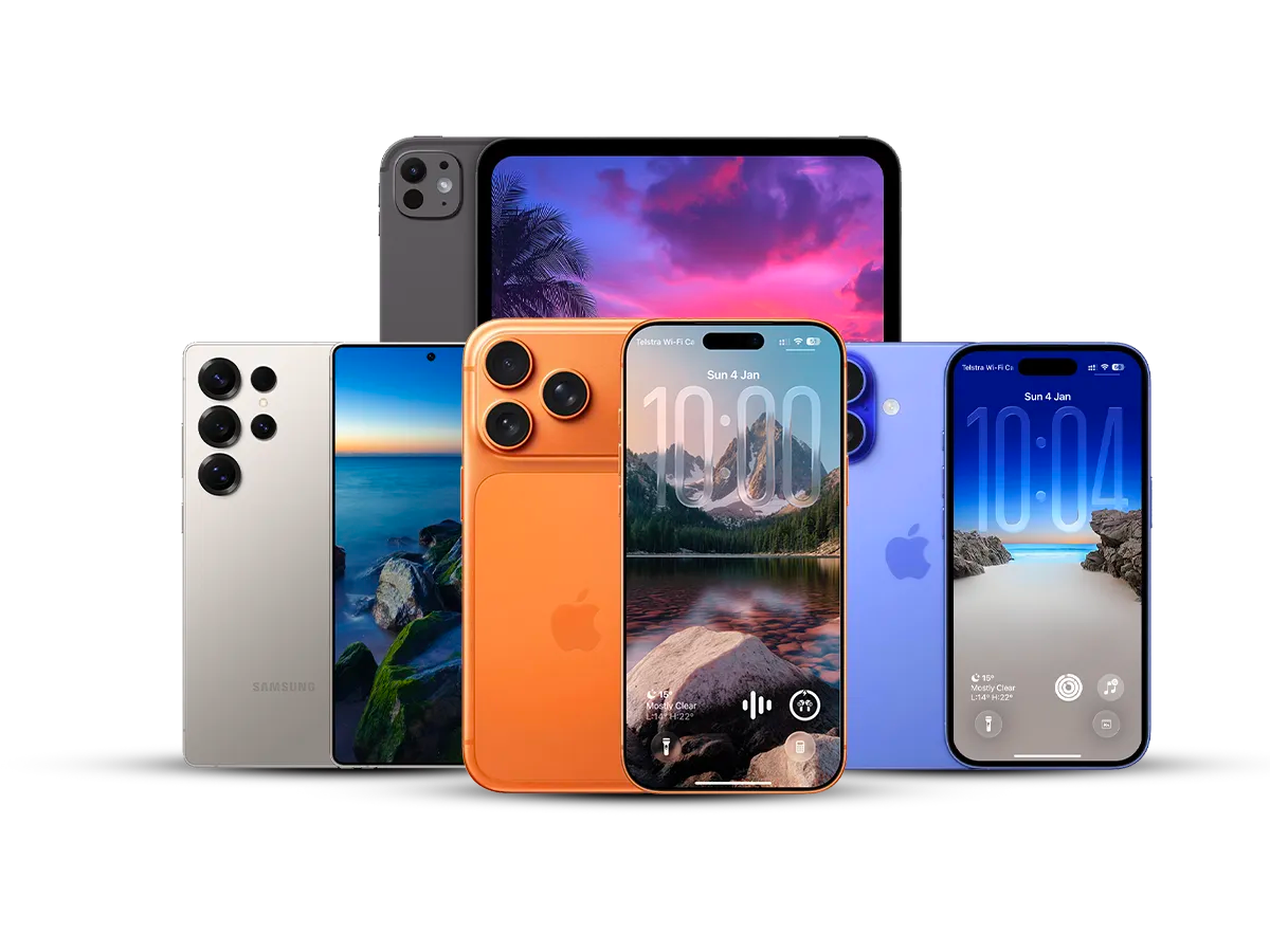 Collection of smartphones in various colors with different screen displays on a white background