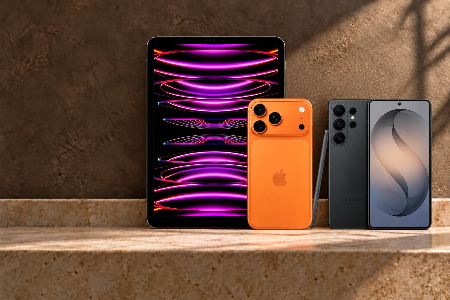Space Grey iPad Pro on the left, orange iPhone in the centre, and black Samsung Galaxy S26 Ultra front and rear views with S Pen on the right, on a warm limestone shelf.