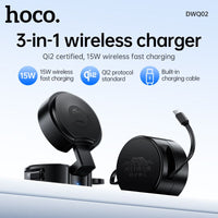 Hoco DWQ02 Qi2 3-in-1 Foldable MagSafe Charger with Retractable Cable – 15W Fast Charge