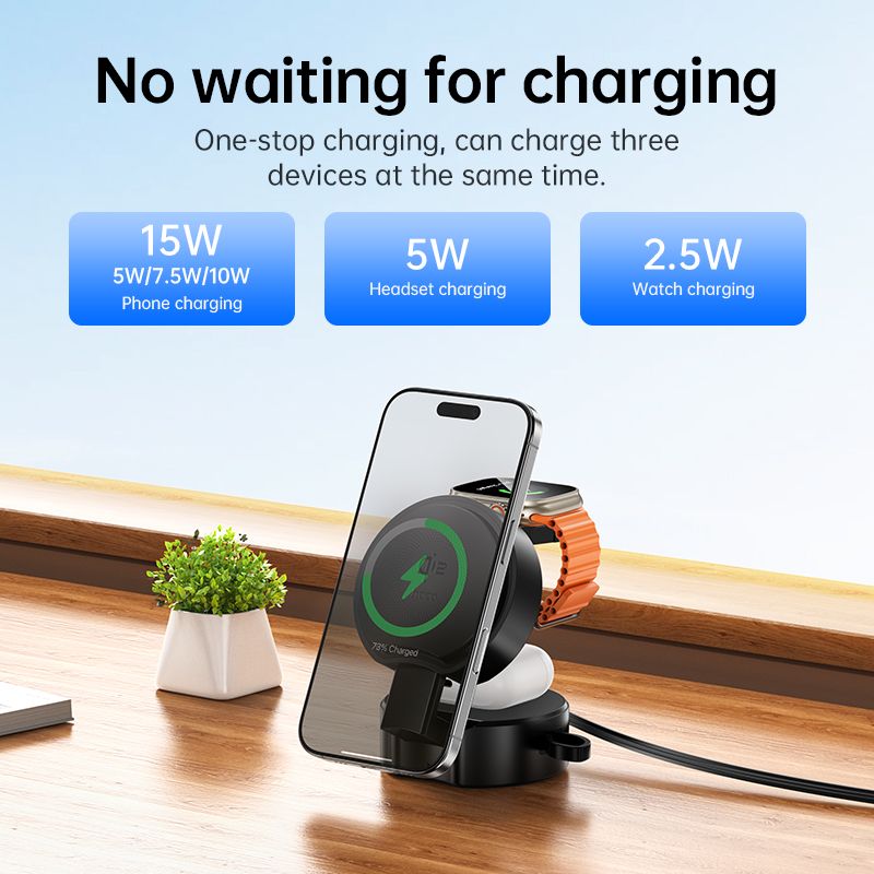 Hoco DWQ02 Qi2 3-in-1 Foldable MagSafe Charger with Retractable Cable – 15W Fast Charge