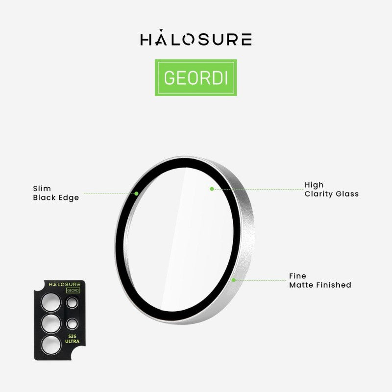 Halosure anti-reflective lens armour Galaxy S26 Ultra showing accessories and cleaning kit