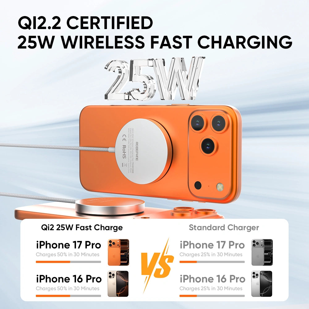 REDEFYNE charging pad Qi2.2 certified 25W charging speed comparison for iPhone 17 Pro and iPhone 16 Pro
