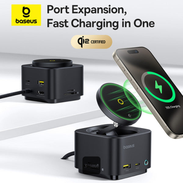 Baseus MagPro Series II 7-in-1 USB-C Hub with 15W Qi2 Wireless Charger (Black)