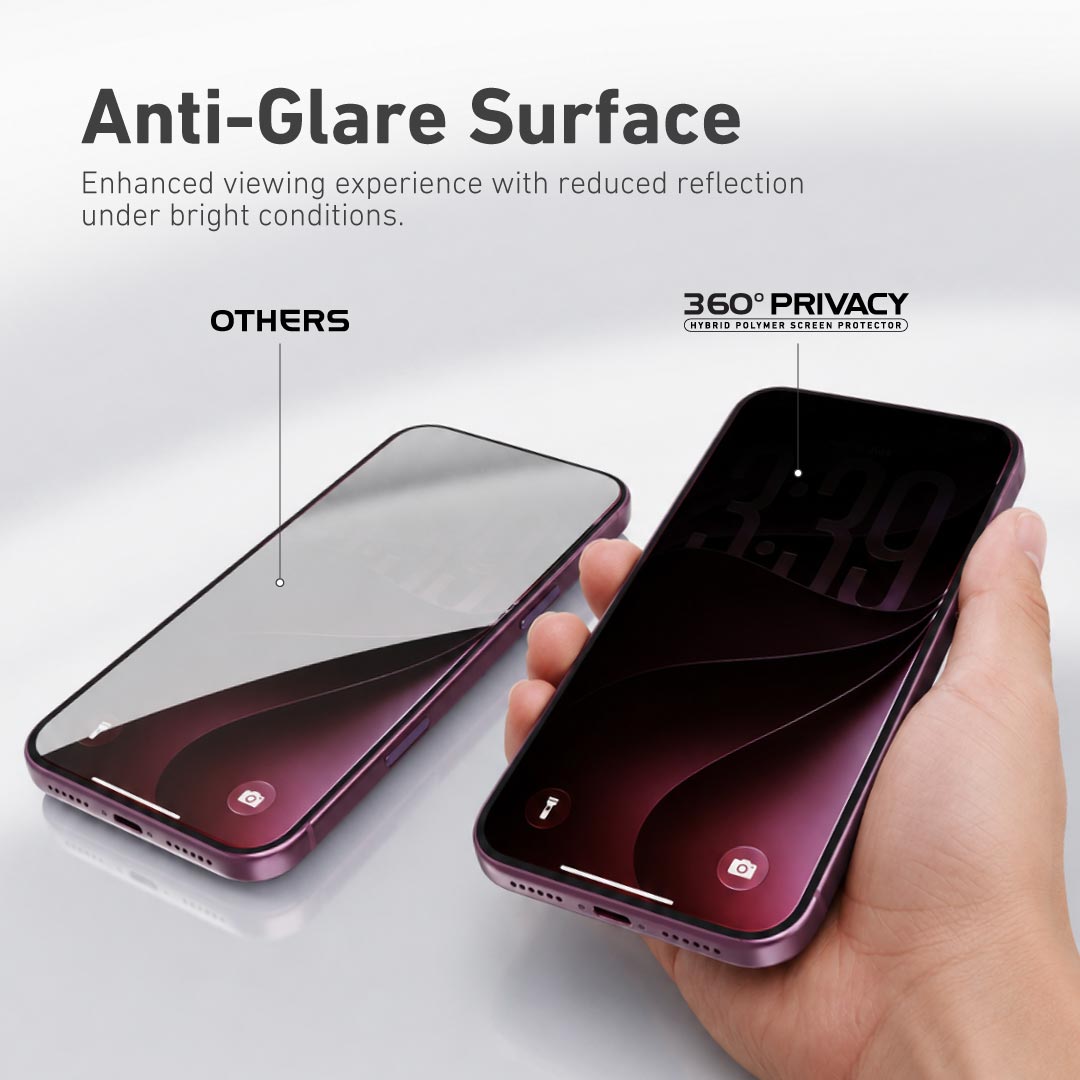 X.One 360 Privacy matte anti glare surface compared with a standard protector for iPhone 16 Pro, 17 and 17 Pro