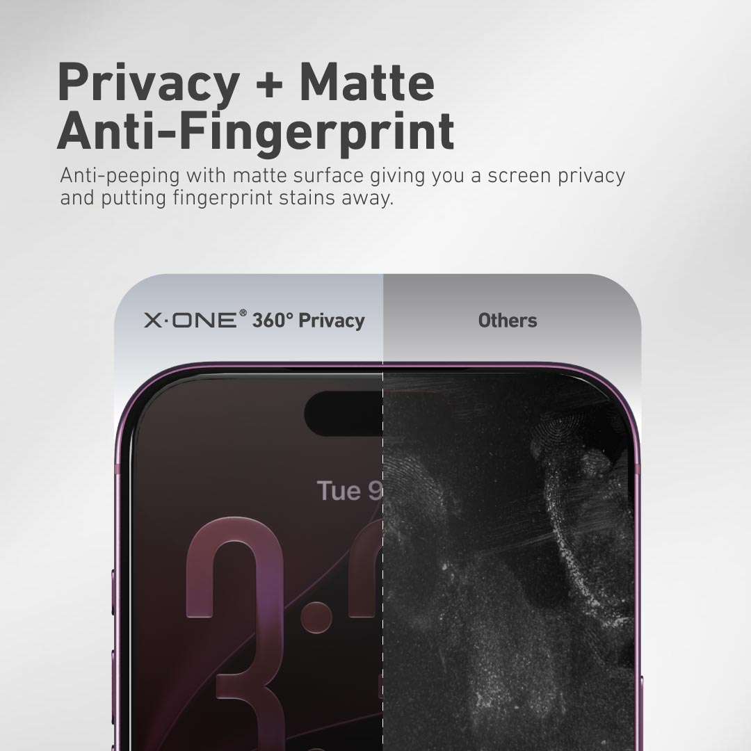 X.One 360 Privacy matte anti fingerprint finish for iPhone 16 Pro Max and 17 Pro Max