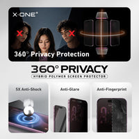 X.One 360 Privacy feature summary: anti shock, anti glare and anti fingerprint for iPhone 16 Pro, 17 and 17 Pro