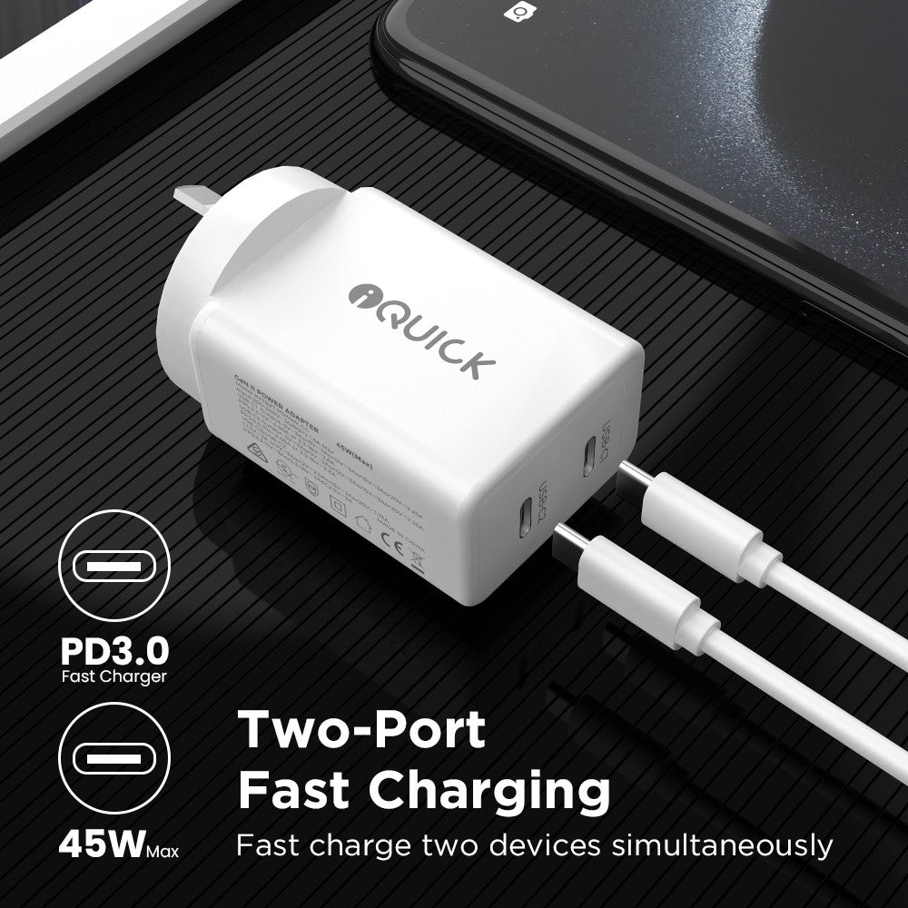 iQuick GaN II 45W PD3.0 Dual USB-C Ports Charging Adapter