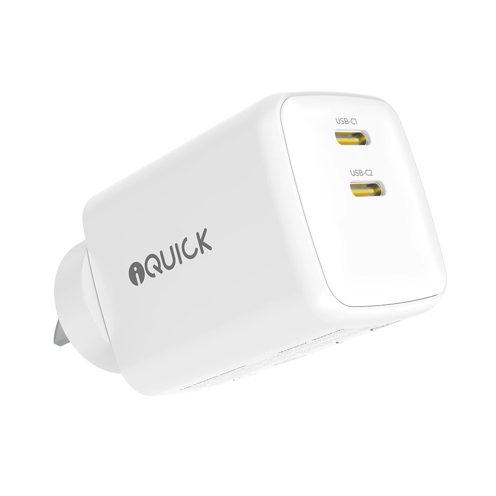 iQuick NANO ENERGY 2 45W charger in white, angled view of the two USB-C ports