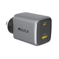 iQuick NANO ENERGY 2 45W charger in gun metal, front view of the USB-C and USB-A ports