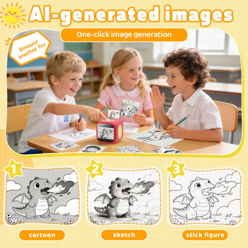 AI sticker printer with cartoon, sketch and stick figure image styles