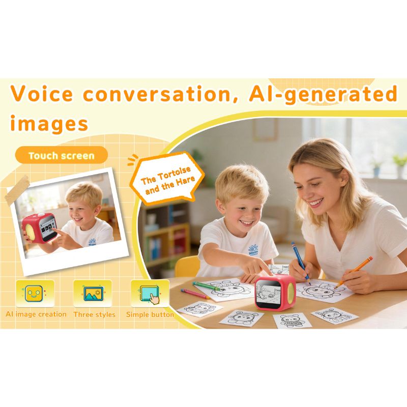 Kids using the AI sticker printer touchscreen