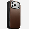 Nomad Modern Leather Folio in brown Camino leather for iPhone 18 Pro Max, angled view with the cover closed