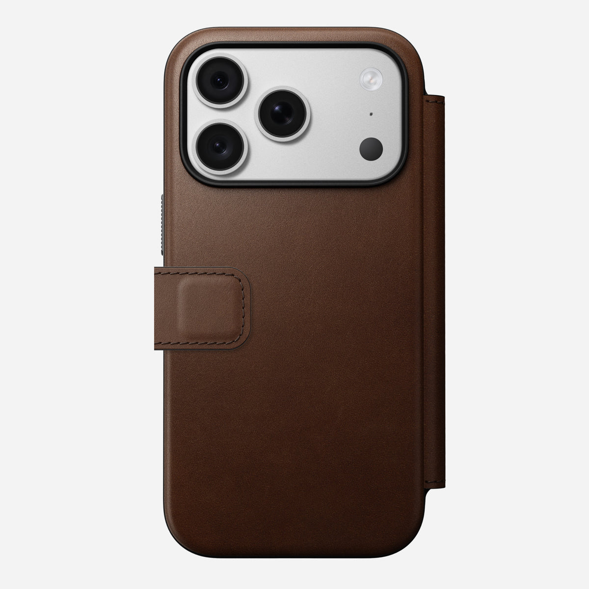 Nomad Modern Leather Folio in brown Camino leather for iPhone 18 Pro, back view with the magnetic clasp