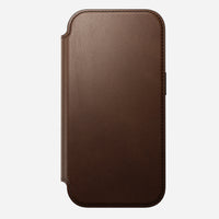 Nomad Modern Leather Folio in brown Camino leather for iPhone 18 Pro, front cover closed