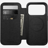 Nomad Modern Leather Folio in brown Camino leather for iPhone 18 Pro, open showing 3 card slots and the cash slot