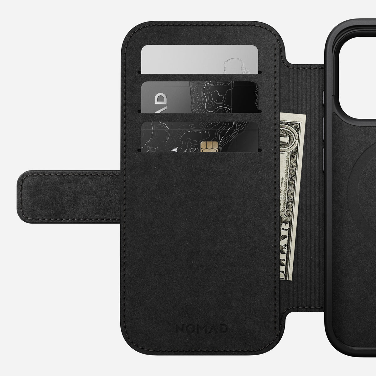 Nomad Modern Leather Folio in brown Camino leather for iPhone 18 Pro, cover folded back