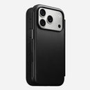 Nomad Modern Leather Folio in black Camino leather for iPhone 18 Pro, angled view with the cover closed