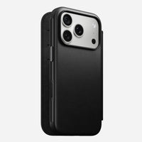 Nomad Modern Leather Folio in black Camino leather for iPhone 18 Pro, angled view with the cover closed