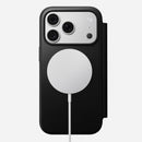 Nomad Modern Leather Folio in black Camino leather for iPhone 18 Pro, back view on a MagSafe charger