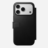 Nomad Modern Leather Folio in black Camino leather for iPhone 18 Pro, back view with the magnetic clasp