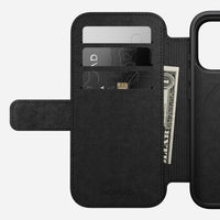 Nomad Modern Leather Folio in black Camino leather for iPhone 18 Pro, cover folded back