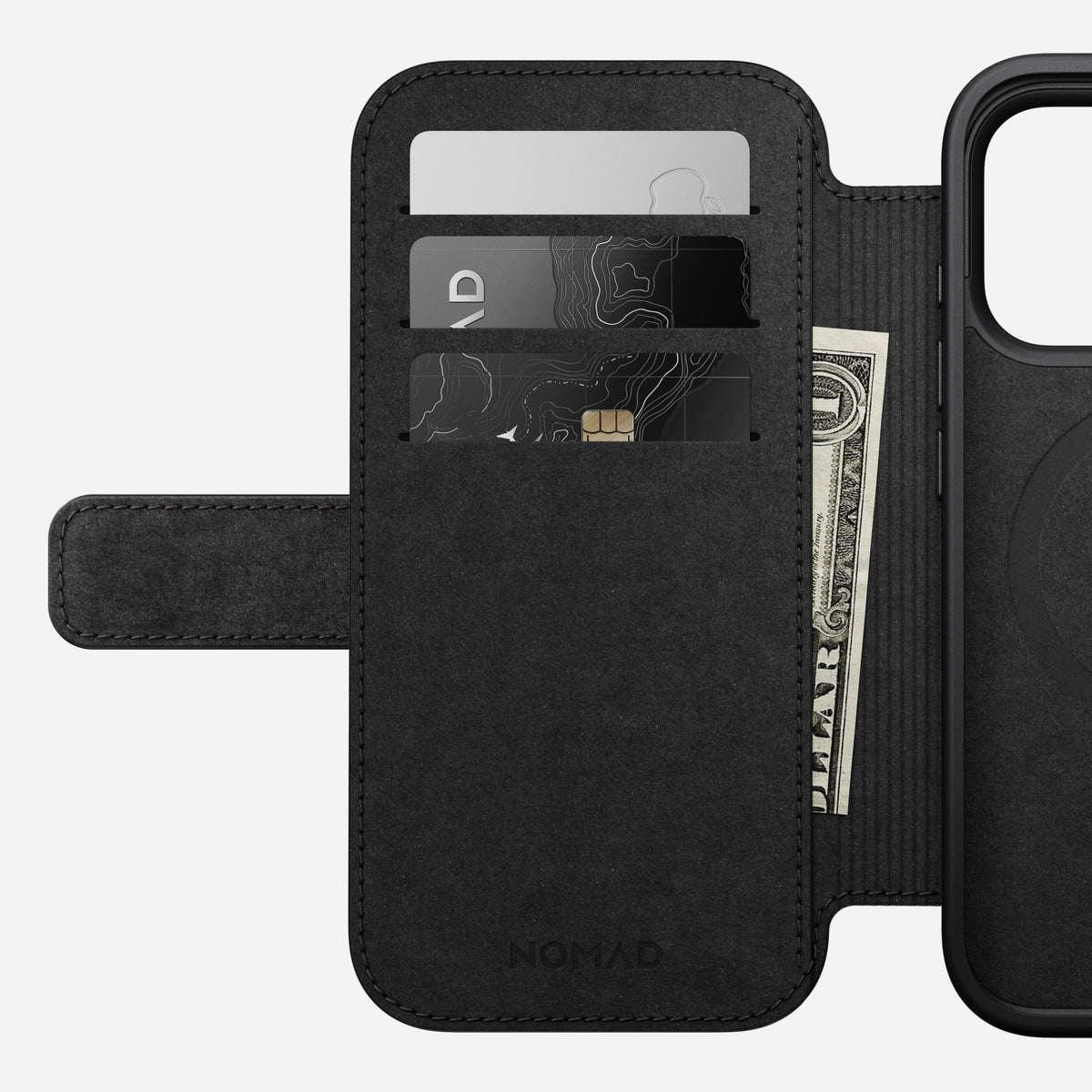 Nomad Modern Leather Folio in black Camino leather for iPhone 18 Pro, cover folded back