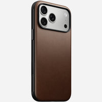 Nomad Modern Camino leather case in brown on iPhone 18 Pro Max, rear view