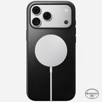 Angled view of the black Horween Nomad Modern case on iPhone 18 Pro Max