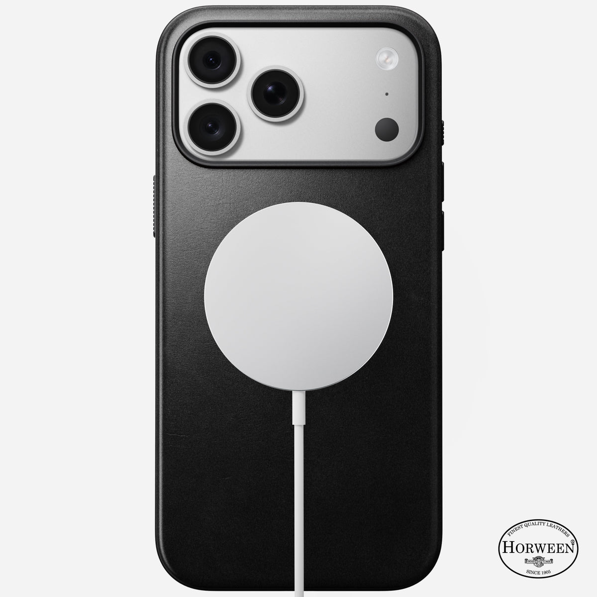 Angled view of the black Horween Nomad Modern case on iPhone 18 Pro Max