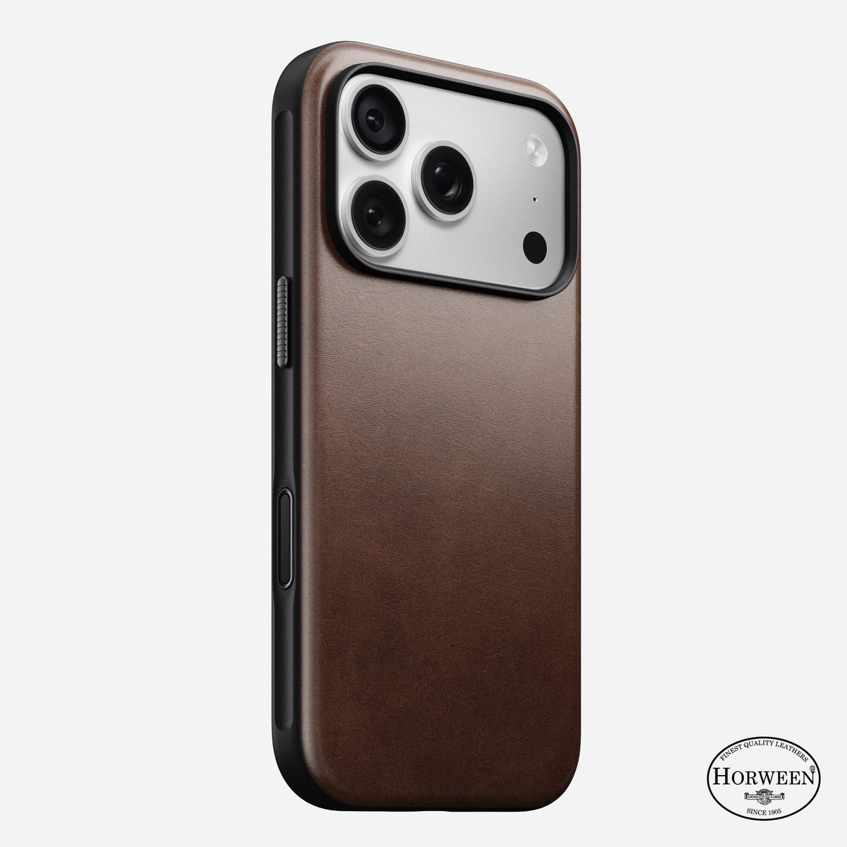 Nomad Modern Horween leather case in rustic brown on iPhone 18 Pro, rear view