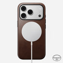 Angled view of the rustic brown Horween Nomad Modern case on iPhone 18 Pro
