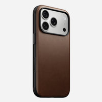 Nomad Modern Camino leather case in brown on iPhone 18 Pro, rear view