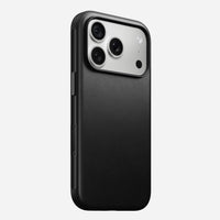 Nomad Modern Camino leather case in black on iPhone 18 Pro, rear view