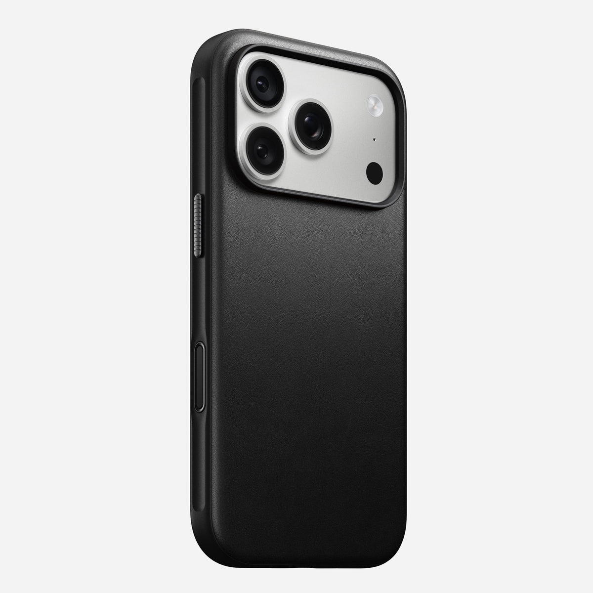 Nomad Modern Camino leather case in black on iPhone 18 Pro, rear view