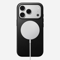 Angled view of the black Camino leather Nomad Modern case on iPhone 18 Pro