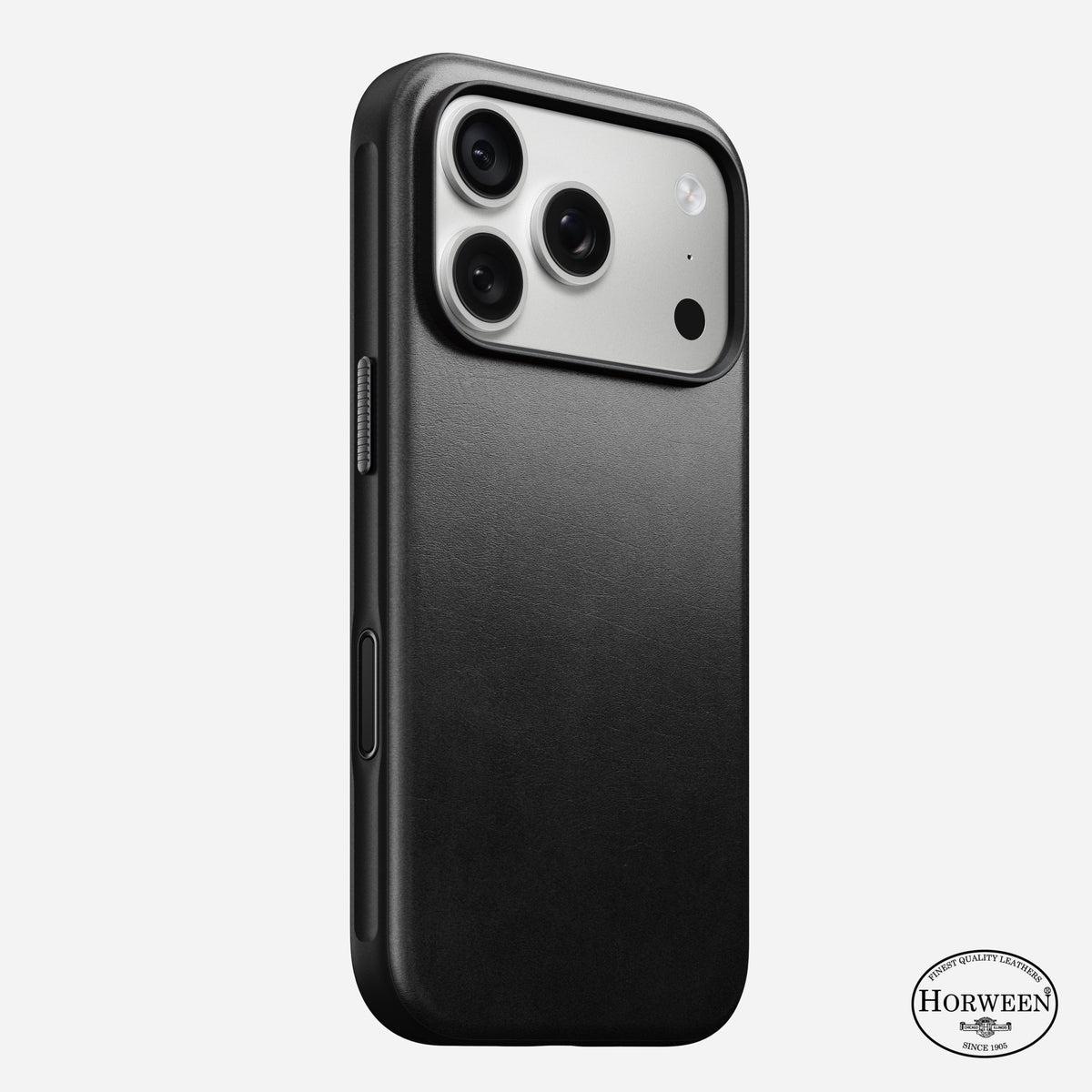 Nomad Modern Horween leather case in black on iPhone 18 Pro, rear view showing leather back and frame