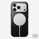 Angled view of the black Horween Nomad Modern case on iPhone 18 Pro