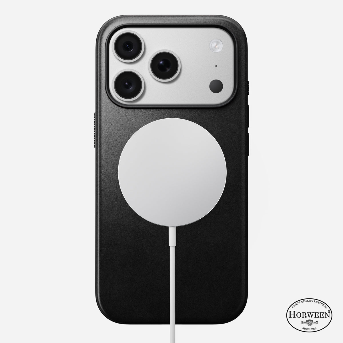 Angled view of the black Horween Nomad Modern case on iPhone 18 Pro