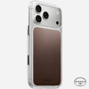 Nomad Clear case with rustic brown Horween leather panel on iPhone 18 Pro Max, rear view
