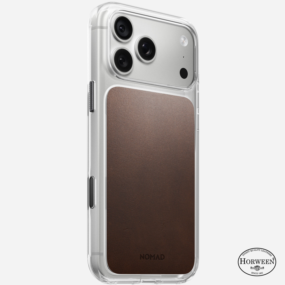 Nomad Clear case with rustic brown Horween leather panel on iPhone 18 Pro Max, rear view
