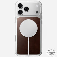 Angled view of the Nomad Clear Horween case on iPhone 18 Pro Max showing clear back