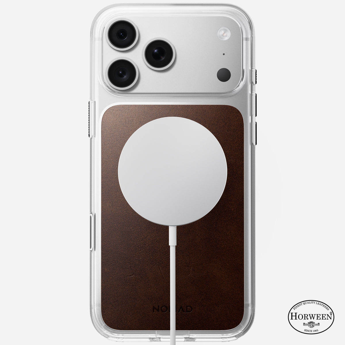 Angled view of the Nomad Clear Horween case on iPhone 18 Pro Max showing clear back