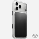 Nomad Clear case with black Horween leather panel on iPhone 18 Pro Max, rear view