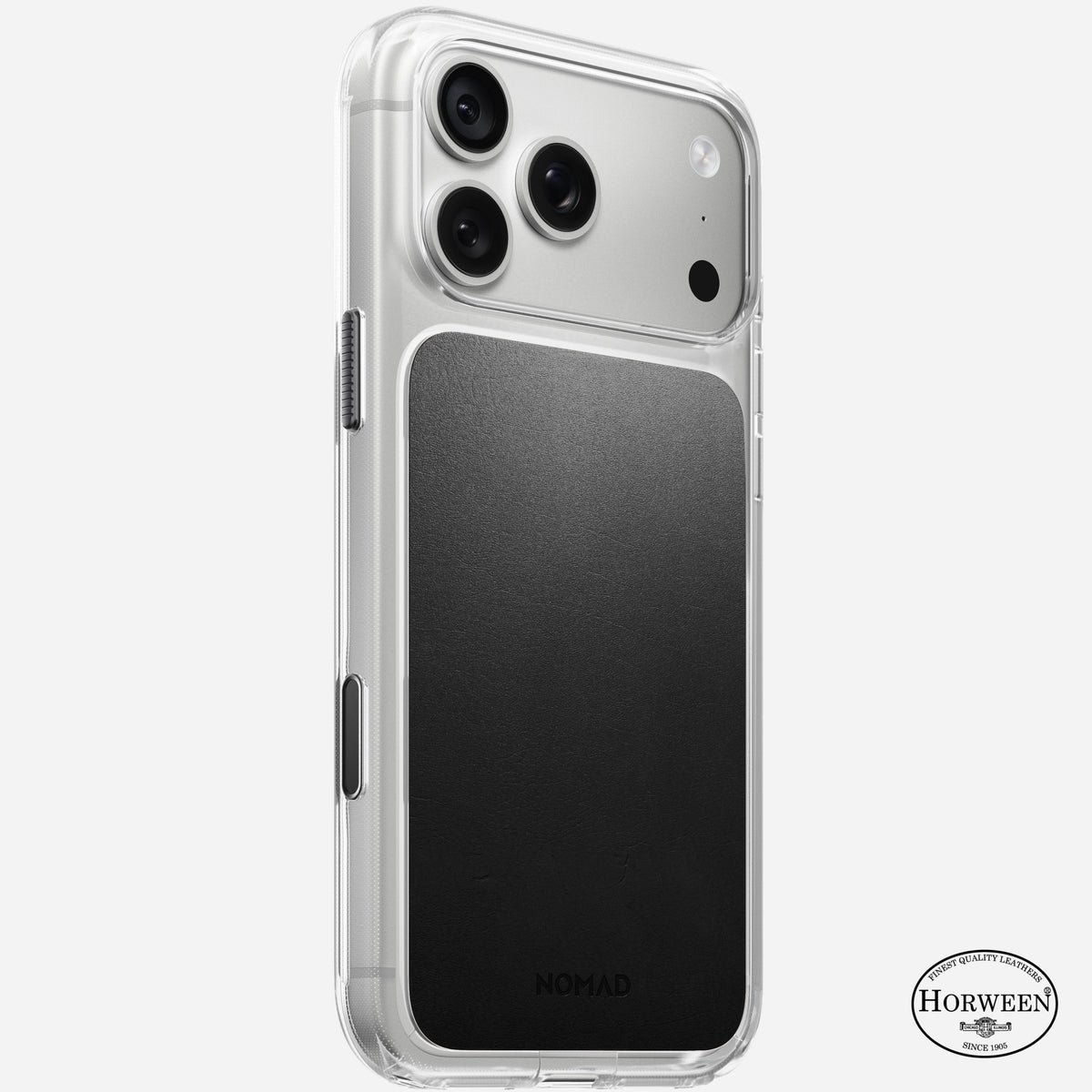 Nomad Clear case with black Horween leather panel on iPhone 18 Pro Max, rear view