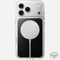 Angled view of the Nomad Clear Horween case on iPhone 18 Pro Max showing clear back