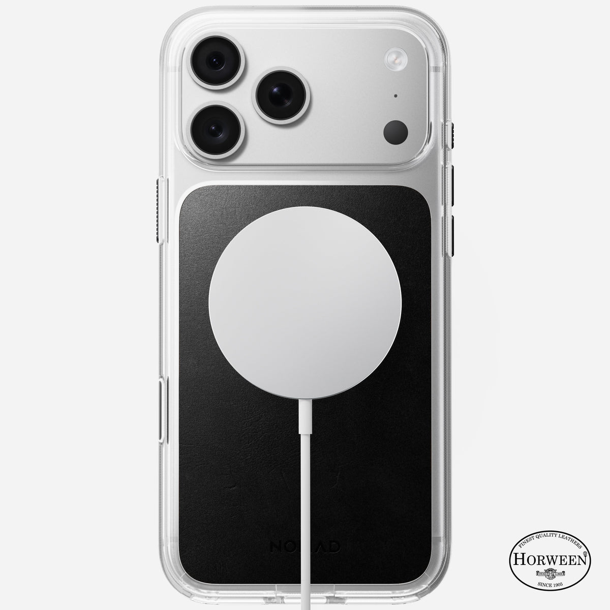 Angled view of the Nomad Clear Horween case on iPhone 18 Pro Max showing clear back
