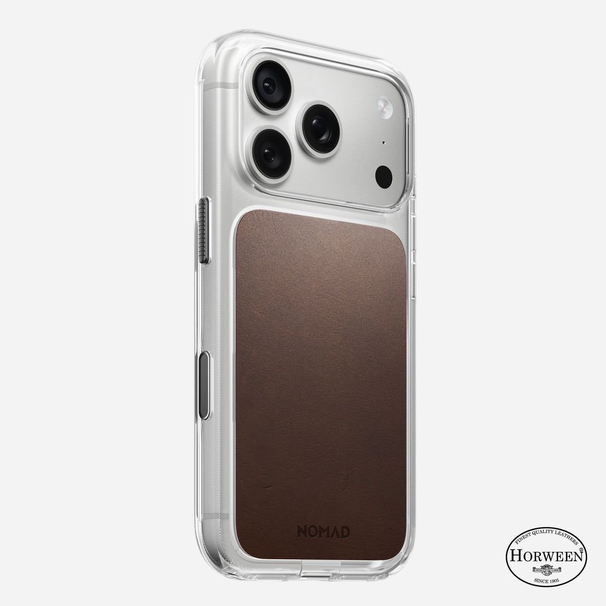 Nomad Clear case with rustic brown Horween leather panel on iPhone 18 Pro, rear view