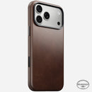 Nomad Traditional Horween leather case in rustic brown on iPhone 18 Pro Max, rear view