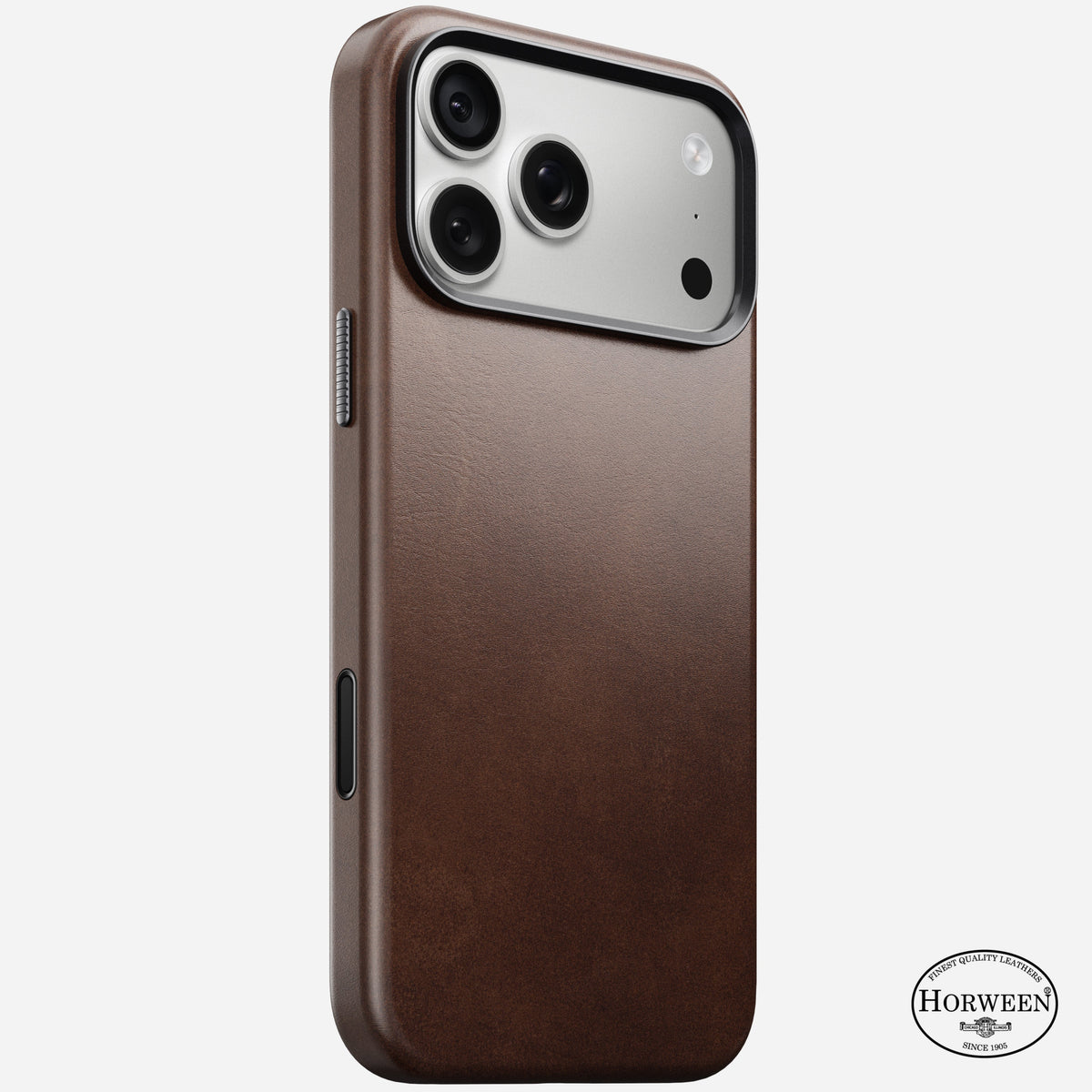 Nomad Traditional Horween leather case in rustic brown on iPhone 18 Pro Max, rear view