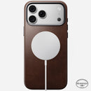 Angled view of the rustic brown Horween Nomad Traditional case on iPhone 18 Pro Max